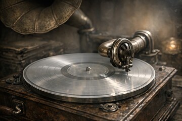 Obraz premium A vinyl record player sits atop a wooden table with a classic design