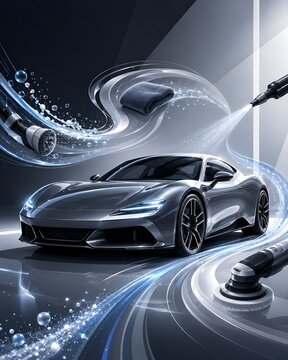 Premium automotive detailing concept showing a sleek grey sports car with professional cleaning tools like a buffer, pressure washer, and microfiber.