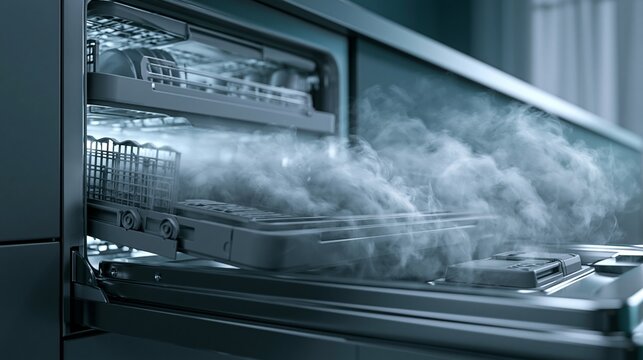 Softly lit polished dishwasher in a sleek institutional kitchen with warm steam gently escaping as detailed trays glide inward showcasing a modern gray and teal color scheme.
