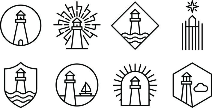 Minimal lighthouse line icon collection featuring nautical beacons, coastal navigation symbols, maritime badges, and ocean safety vectors