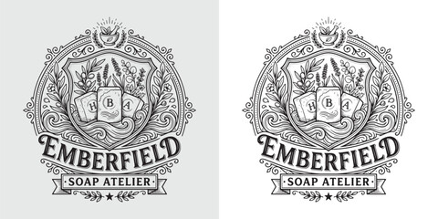 Fototapeta premium Ornamental Badge Logo for Emberfield Soap Atelier with Herbs
