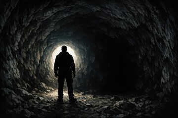 Fototapeta premium A person stands alone in a dimly lit tunnel, illuminated by a single light source at the far end