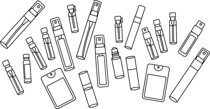 Set of perfume testers and sample bottles line art vector illustration for cosmetics packaging design isolated on white background