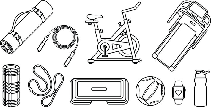 Fitness Equipment and Home Gym Workout Line Icon Set Featuring Treadmill Exercise Bike Yoga Mat Resistance Bands and Cardio Training Symbols