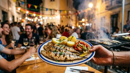 Naklejka na ściany i meble Pessoas a celebrar os Santos Populares enquanto comem sardinhas assadas com batatas cozidas e pimentos assados num típico arraial português.