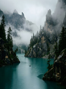 A lone kayaker paddles through the turquoise waters of a misty, dramatic mountain lake surrounded by steep, rugged cliffs and evergreen forests