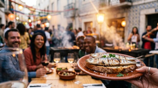 Pessoas a celebrar os Santos Populares enquanto comem sardinhas assadas com batatas cozidas e pimentos assados num t&iacute;pico arraial portugu&ecirc;s.