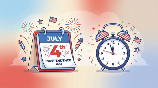 Festive Fourth of July Independence Day illustration with patriotic alarm clock, July 4th calendar typography, American flags and fireworks celebration background