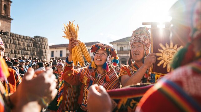 Personas con trajes incas ceremoniales durante el Inti Raymi en Sacsayhuam&aacute;n