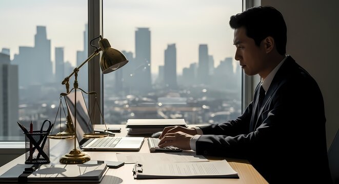 Focused asian businessman works diligently on his computer keyboard at a desk with a scale of justice and lamp overlooking a hazy cityscape from a high rise office window representing law and cor