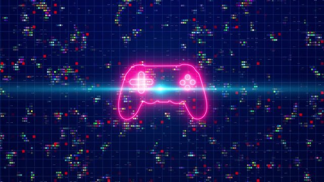 Vibrant Neon Gaming Controller Glowing Amidst A Digital Glitch Background With Floating Data Points, Abstract Cybernetic Data Stream Atmosphere, High contrast Cinematic Futuristic Tech Visuals For Dig