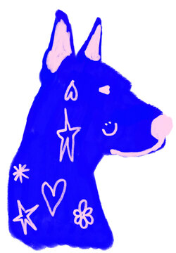 Blue painting of a dog with stars and hearts