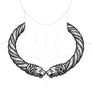 Technical line art of heavy forged iron twisted torc.