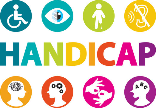 Handicap. Invalidit&eacute;. Handicaps visibles et invisibles. Illustration vectorielle dessin&eacute;e &agrave; la main avec lettres multicolores en majuscules et pictogrammes. Mot en fran&ccedil;ais.