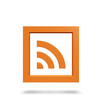 3d icon of RSS feed signal in orange square frame isolated on white background with shadow