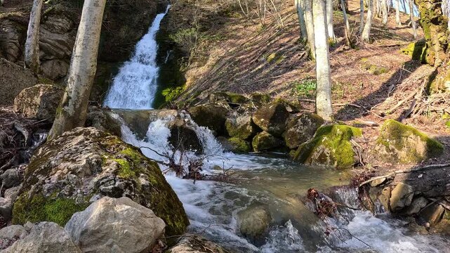 Waterfall at the source of the Tiber River, Balze, italian Appennines	Slow motion
