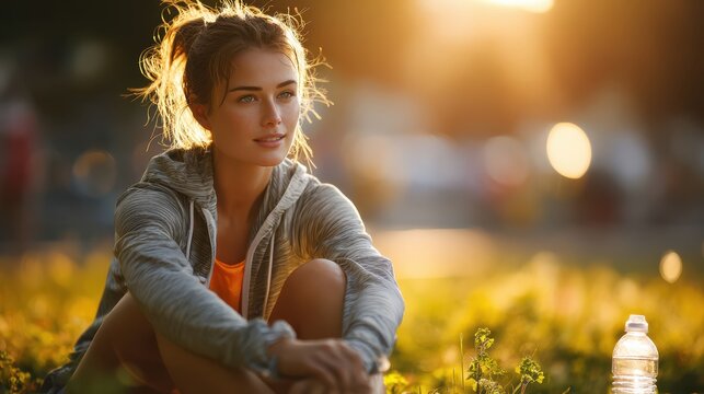 Golden Hour Serenity: A young woman in athletic wear pauses during an outdoor activity, bathed in the warm, soft light of the setting sun, reflecting a moment of peaceful contemplation.