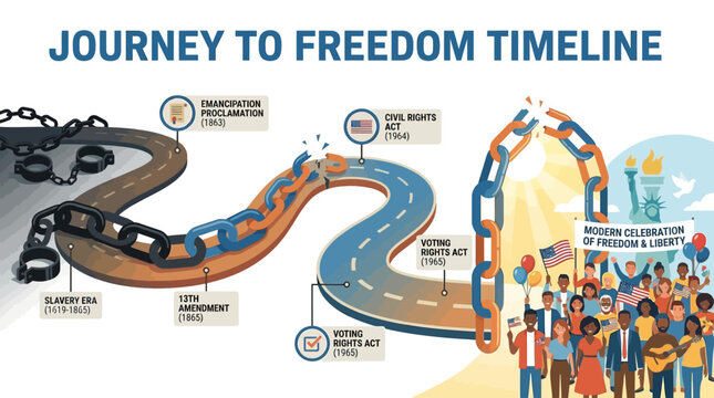 Buatkan keyword untuk judul ini "Journey to Freedom Timeline with Broken Chain Symbol Vector Illustration"