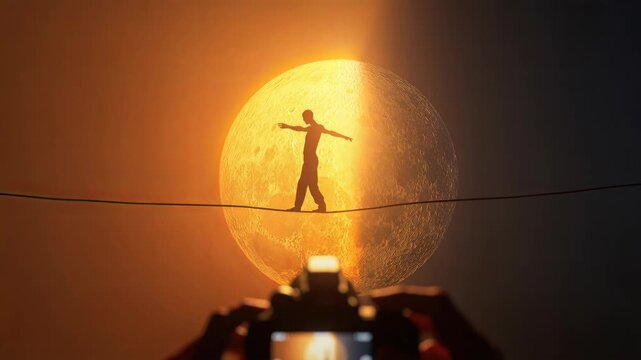 Tightrope Walker Balancing Silhouetted Against Giant Moon at Dusk