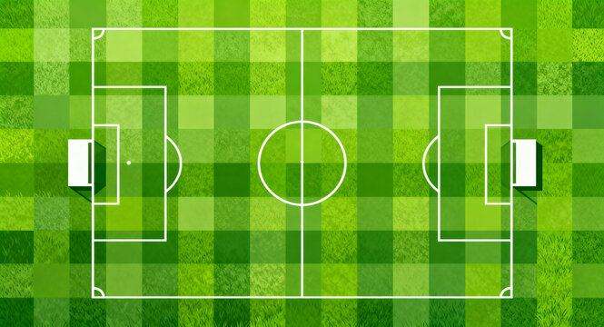 Overhead view of a vibrant green checkered digital illustration of a soccer field, showcasing the playing area with clear white lines, goals, and a textured grass pattern ready for a match