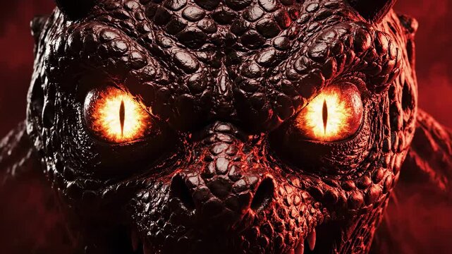 Luminous Serpent Gaze. Fiery Eyes Pierce Through Smoke. Menacing Serpent With Glowing Eyes In Crimson Fog. Closeup Of Dangerous Reptile Eyes Burning Through Dense Red Smoke With Textured Scales.