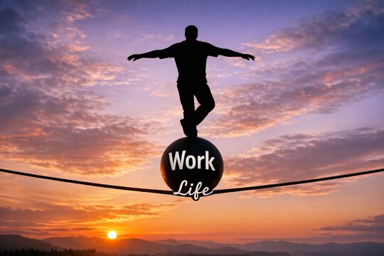 Person balancing on an exercise ball with motivational text about balance between work and personal life