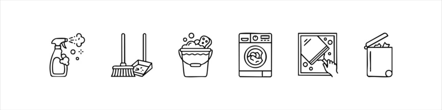 A professional collection of cleaning icons in a clean line art style, featuring essential tools like a spray bottle, broom, washing machine, and trash bin for household and service concepts.