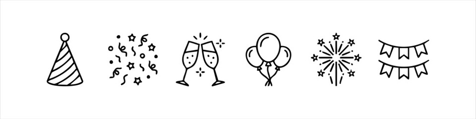 Set of minimalist line icons for parties and celebrations. Includes party hat, confetti, champagne toast, balloons, fireworks, and bunting. Ideal for event design, birthdays, and holidays. © temastadnyk