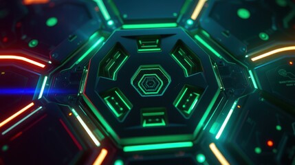 Obraz premium Futuristic tunnel interior. Hexagonal patterns dominate, illuminated by vibrant neon lights. Dark background emphasizes glowing details. Complex geometry creates depth.