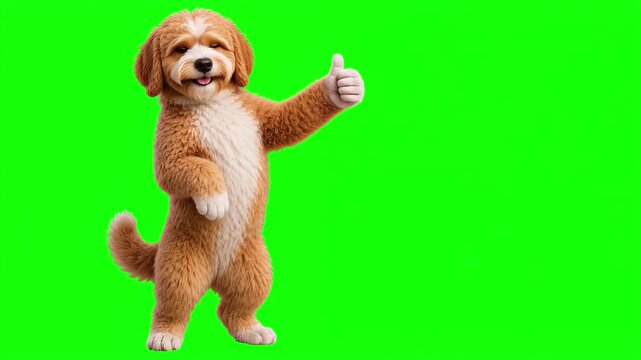 Realistic 3D dog giving thumbs up gesture with subtle smile, isolated on chroma key green screen background. Real animal character. Photorealistic. 