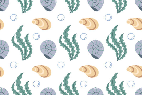 Cute marine seamless pattern with seashells and seaweed on white background for nursery textile, wrapping paper and wallpaper design
