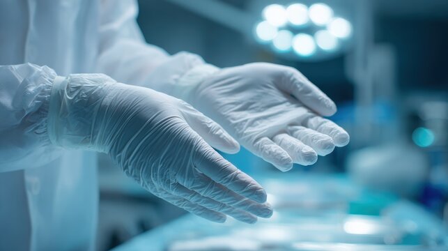 Close-up of perinatology clinician donning sterile gloves in high-risk obstetric unit
