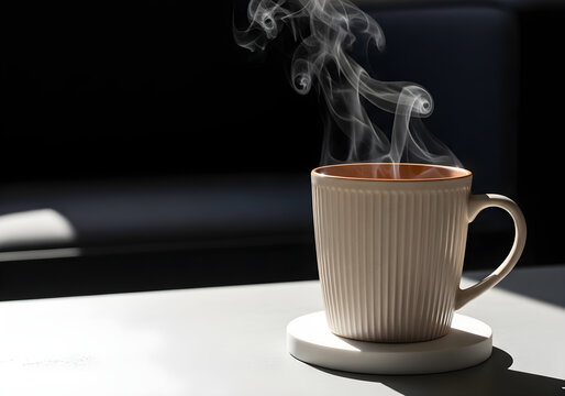 Steaming hot coffee mug on a white coaster on a table