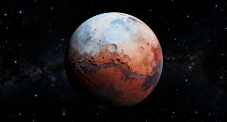 Fototapeta premium Captivating close-up of Mars, revealing its iconic red landscapes and prominent white polar ice cap in the cosmic backdrop, highlighting the planet's rugged beauty and vastness