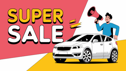 Fototapeta premium Man advertising super sale on white car Vector, illustration