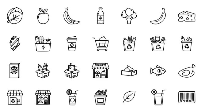 Modern organic grocery thin line editable stroke vector icons with healthy food and eco shopping symbols