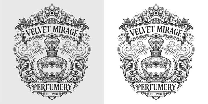 Elegant Perfumery Emblem with Crystal Bottle and Vintage Flourishes