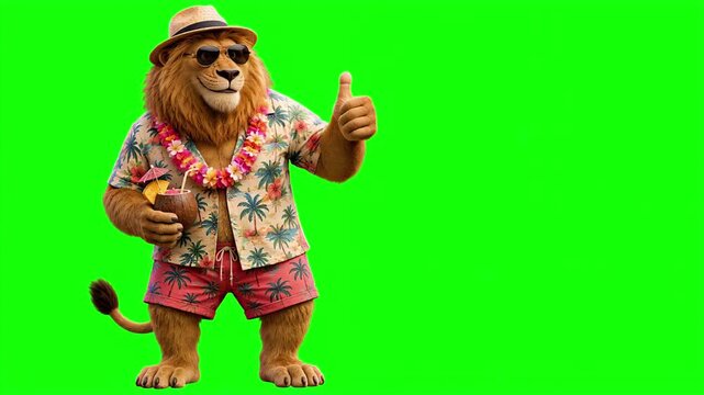 Realistic 3D lion giving thumbs up gesture with subtle smile in summer vacation outfit, holiday concept, isolated on chroma key green screen background. Real animal character. Photorealistic. 