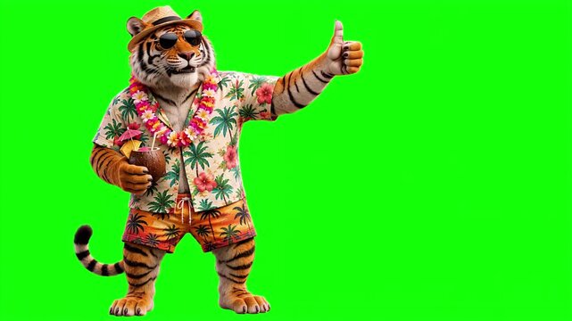 Realistic 3D tiger giving thumbs up gesture with subtle smile in summer vacation outfit, holiday concept, isolated on chroma key green screen background. Real animal character. Photorealistic. 