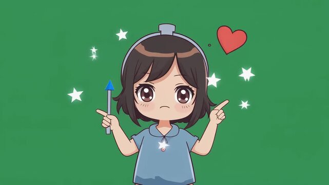 Chibi Character with Magical Compass and Heart Sparkles