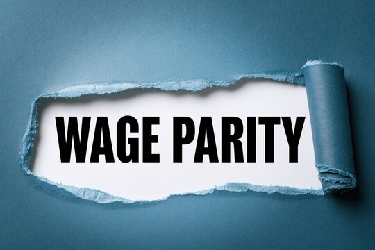 WAGE PARITY text revealed by torn edges of dark blue paper background