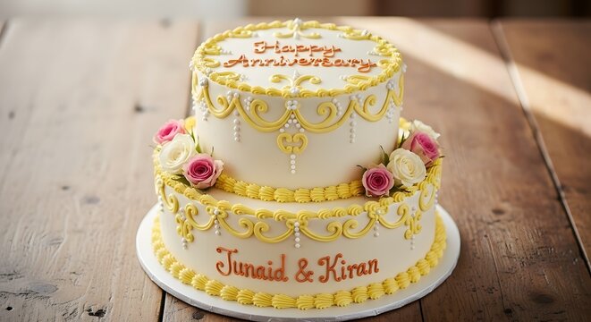 Elegant Two-Tiered Anniversary Cake with Sugar Roses
Junaid & Kiran's Happy Anniversary Celebration Cake
Rustic White Wedding Anniversary Cake with Yellow Scrollwork