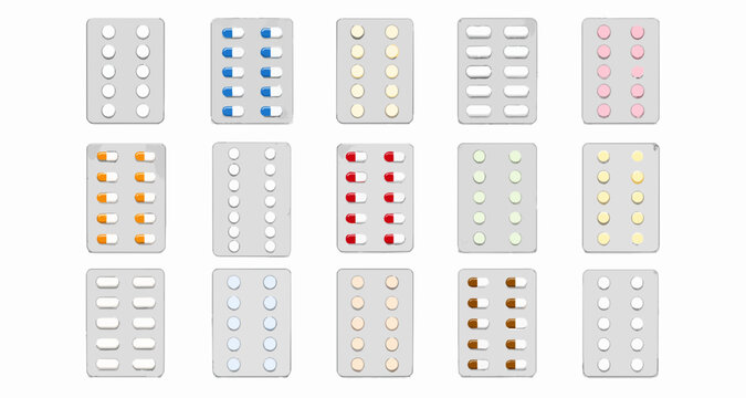 Medicine Blister Pack Icon Set With Tablets And Capsules Flat Illustration