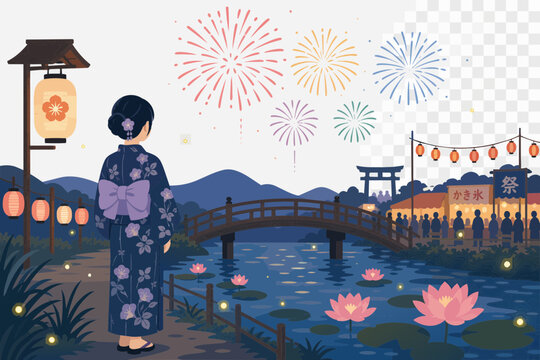 Japanese Woman In Yukata Watching Fireworks At Summer Festival Night