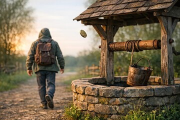 Fototapeta premium A person walking down a rural path near a well, great for use in outdoor or country-themed projects