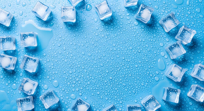Ice cubes on blue background with water drops