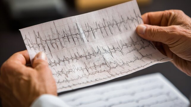 Cardiologist reviews ECG strip for heart rhythm abnormalities in clinical setting