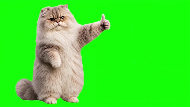 Realistic 3D cat giving thumbs up gesture with subtle smile, isolated on chroma key green screen background. Real animal character. Photorealistic. 