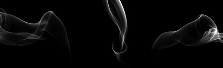 Fototapeta premium set abstract white cold steam and smoke isolated on a black background. smog in light, atmospheric effect. creating a soft food, coffee, and cigarettes