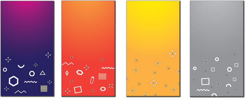 Vertical background template with a modern color gradient featuring abstract geometric graphic elements at the bottom. This design includes four color variations: purple-magenta, orange-red, purples
